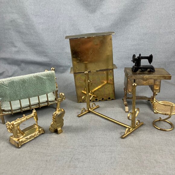 Vtg Dollhouse Furniture Mini Brass Day Bed Cabinet Hutch Sewing Machine Cello - Picture 3 of 5